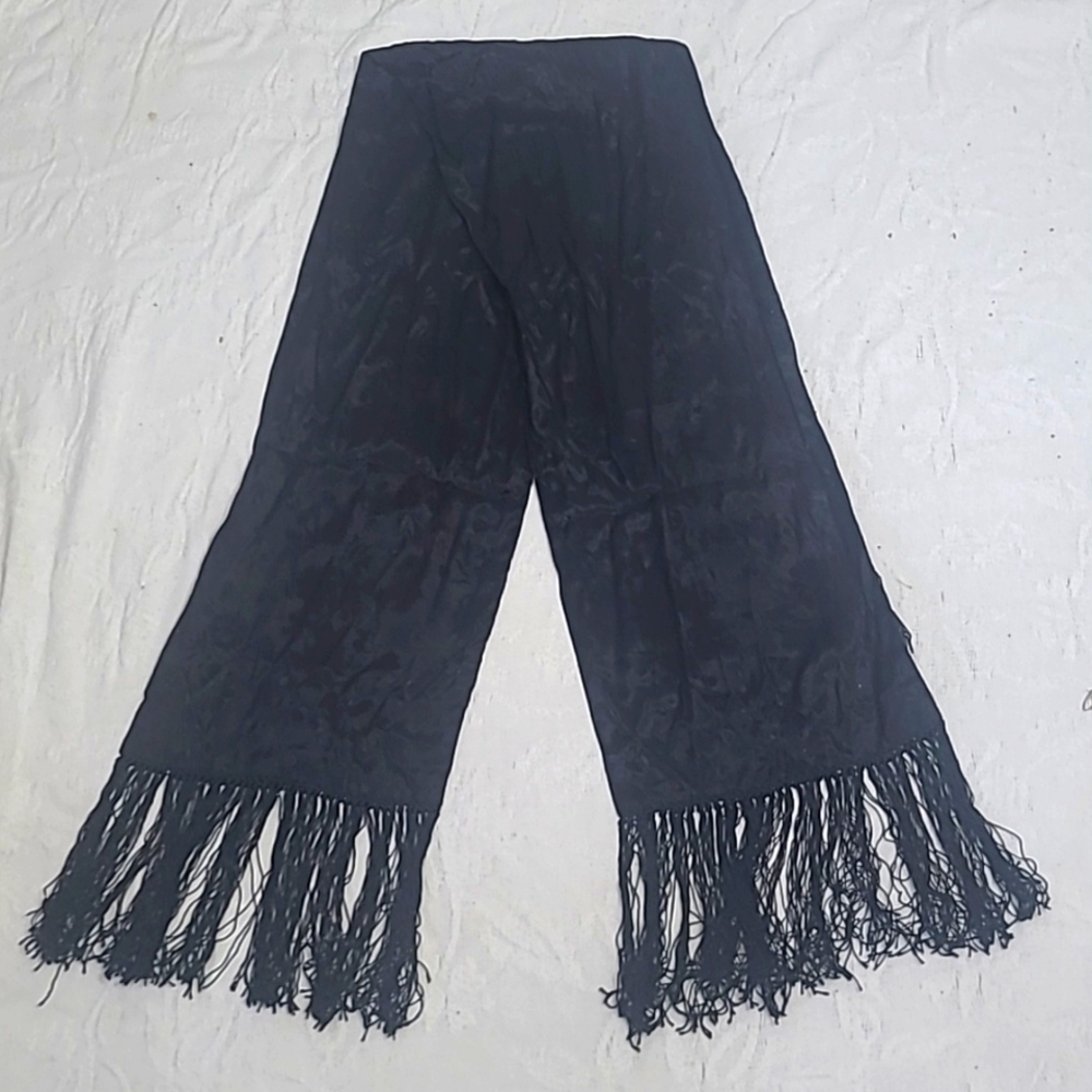Honey Scarf Black Damask Rayon 6" knotted fringe Floral Texture